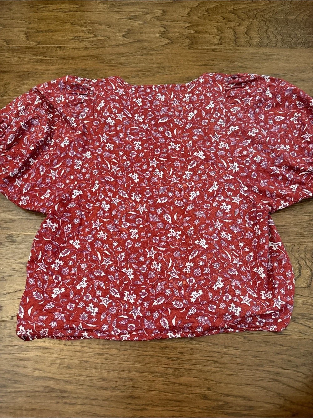 Madewell Baltik Wine Weathered Brick Floral V Neck Puff-Sleeve Top M